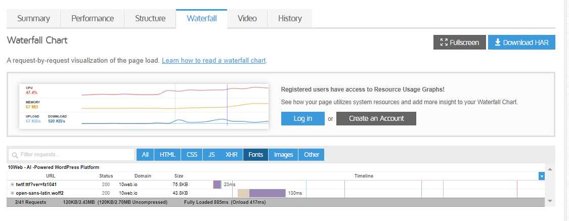 Snapshot showing a website where the font open-sans-latin.woff2 takes 130 milliseconds to load.