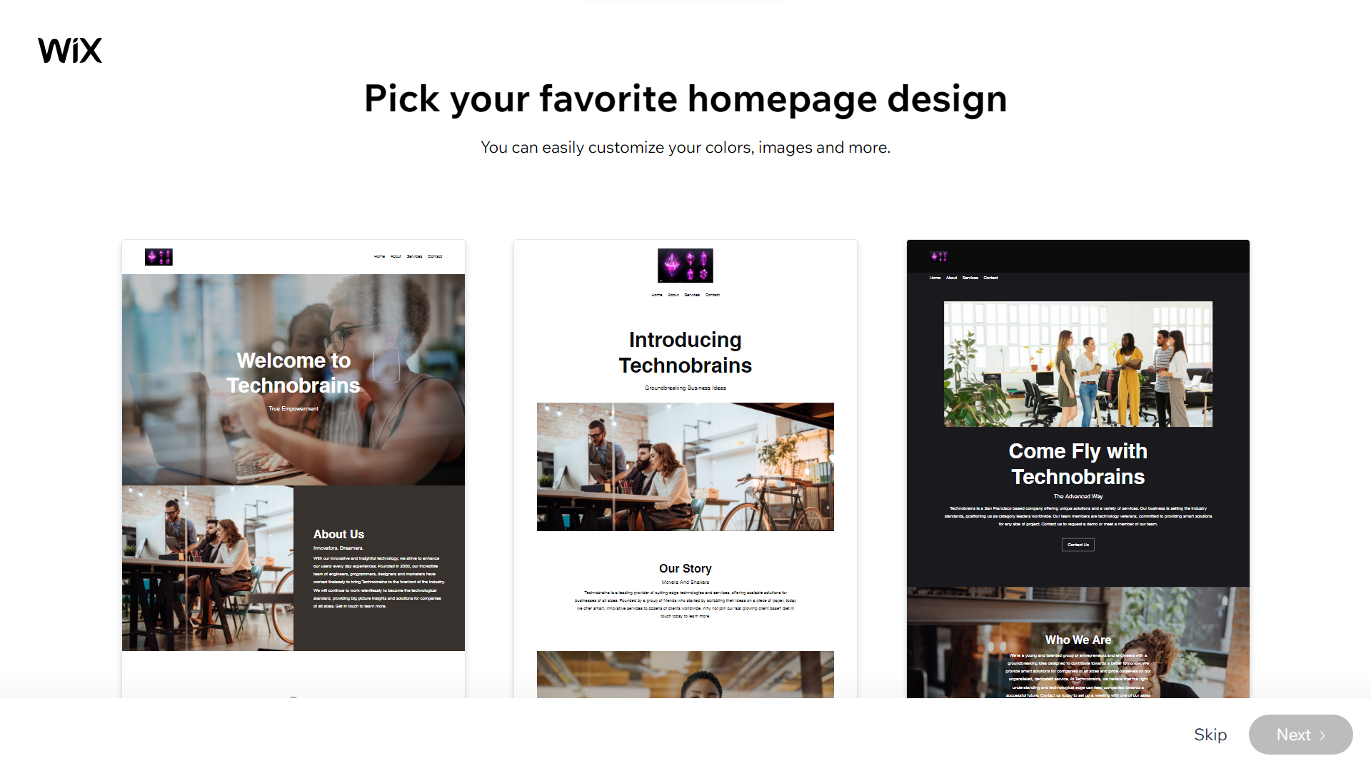 Wix - Picking homepage design