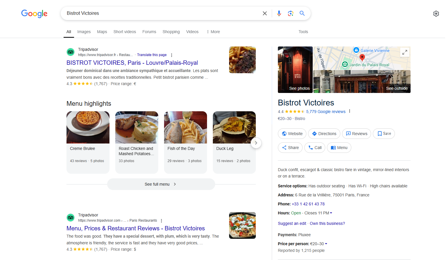 Google search results showing a business profile for a bistro.