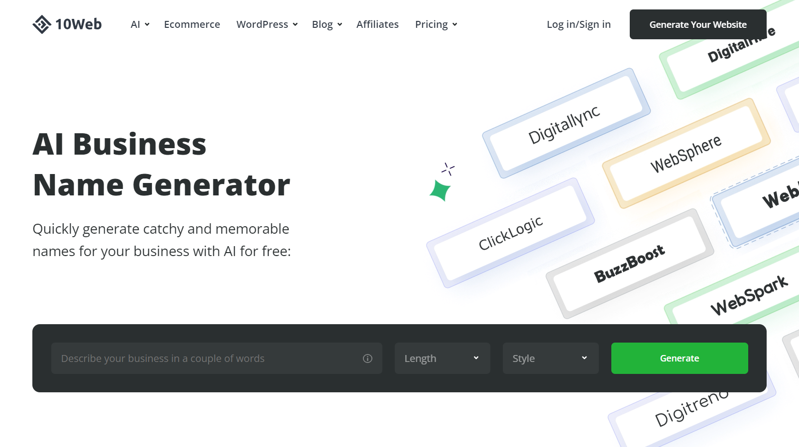 10Web Business Name Generator Page