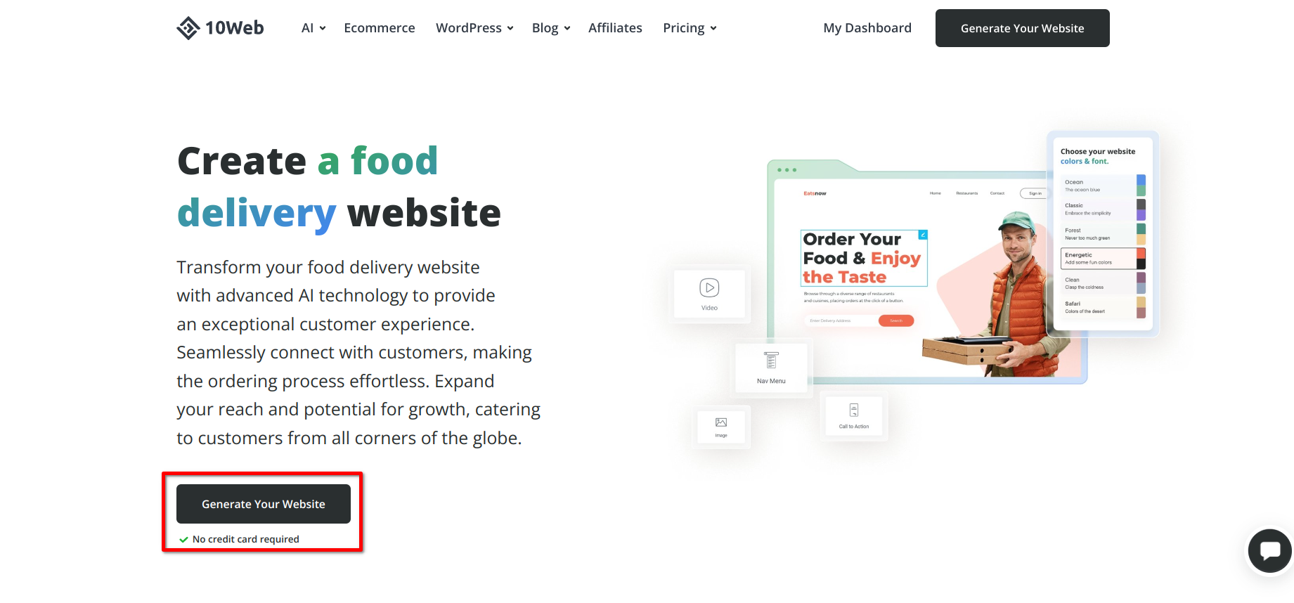 10Web Create a food delivery website landing page