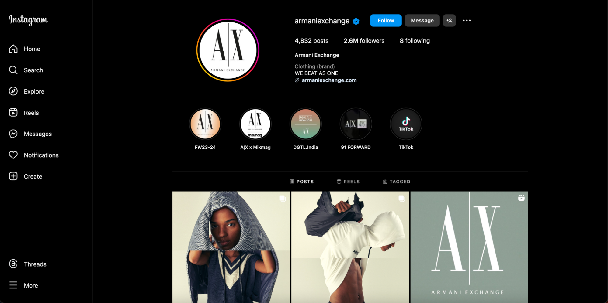 Armani Exchange Instagram page