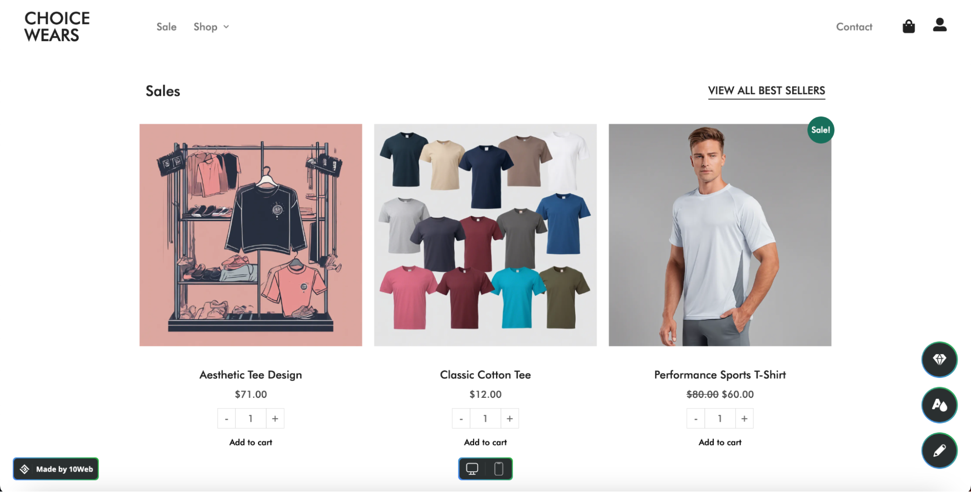 T-shirt online store catalog generated with 10Web AI Website Builder