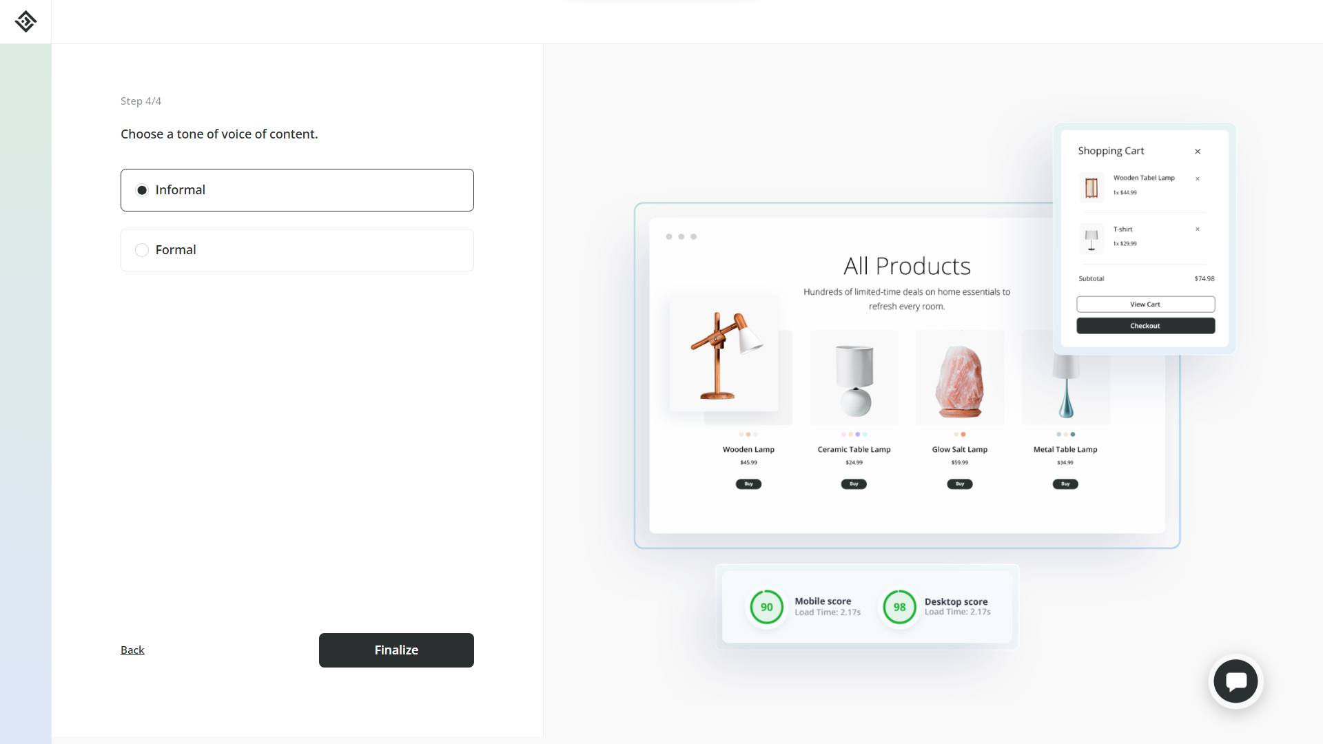 Choosing tone of voice for your store in 10Web AI Website Builder