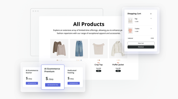 Image with pricing plan for AI and ecommerce. Background of a page from an online store.