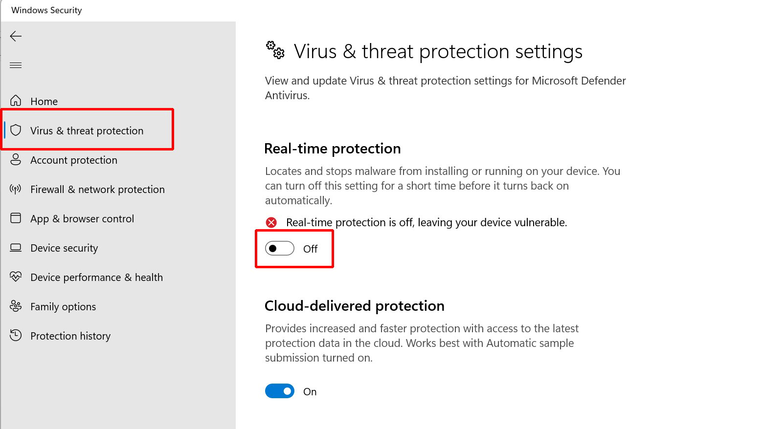 Windows settings where Antivirus is highlighted and shows that it is off.