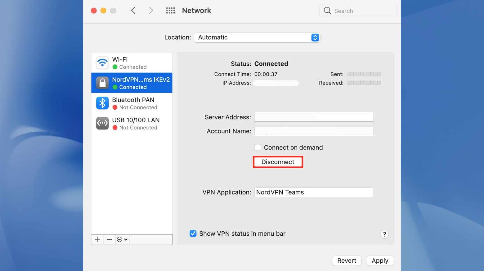 Mac network settings with VPN and disconnect highlighted