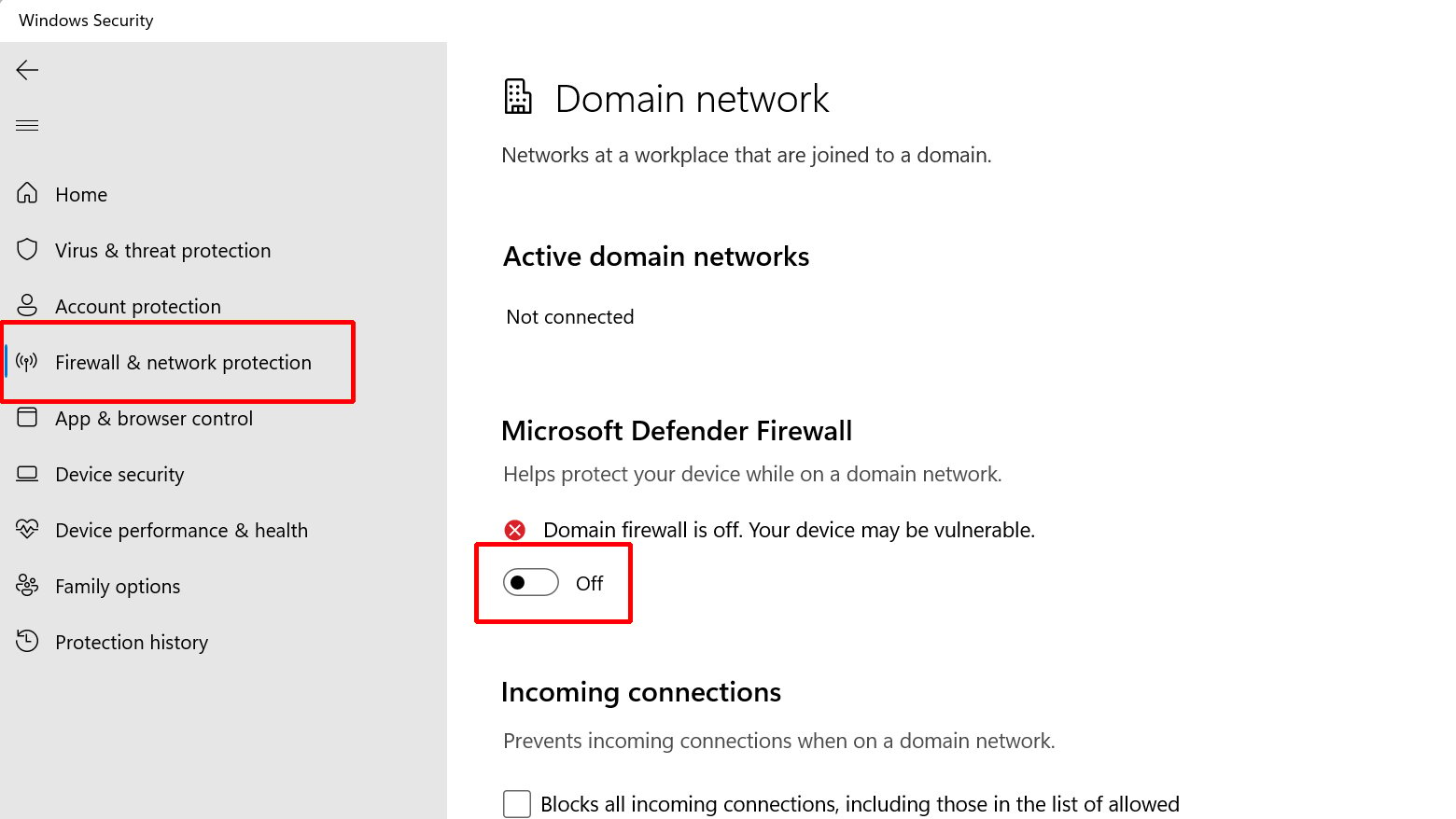 Windows Firewall section shows firewall has been turned off.