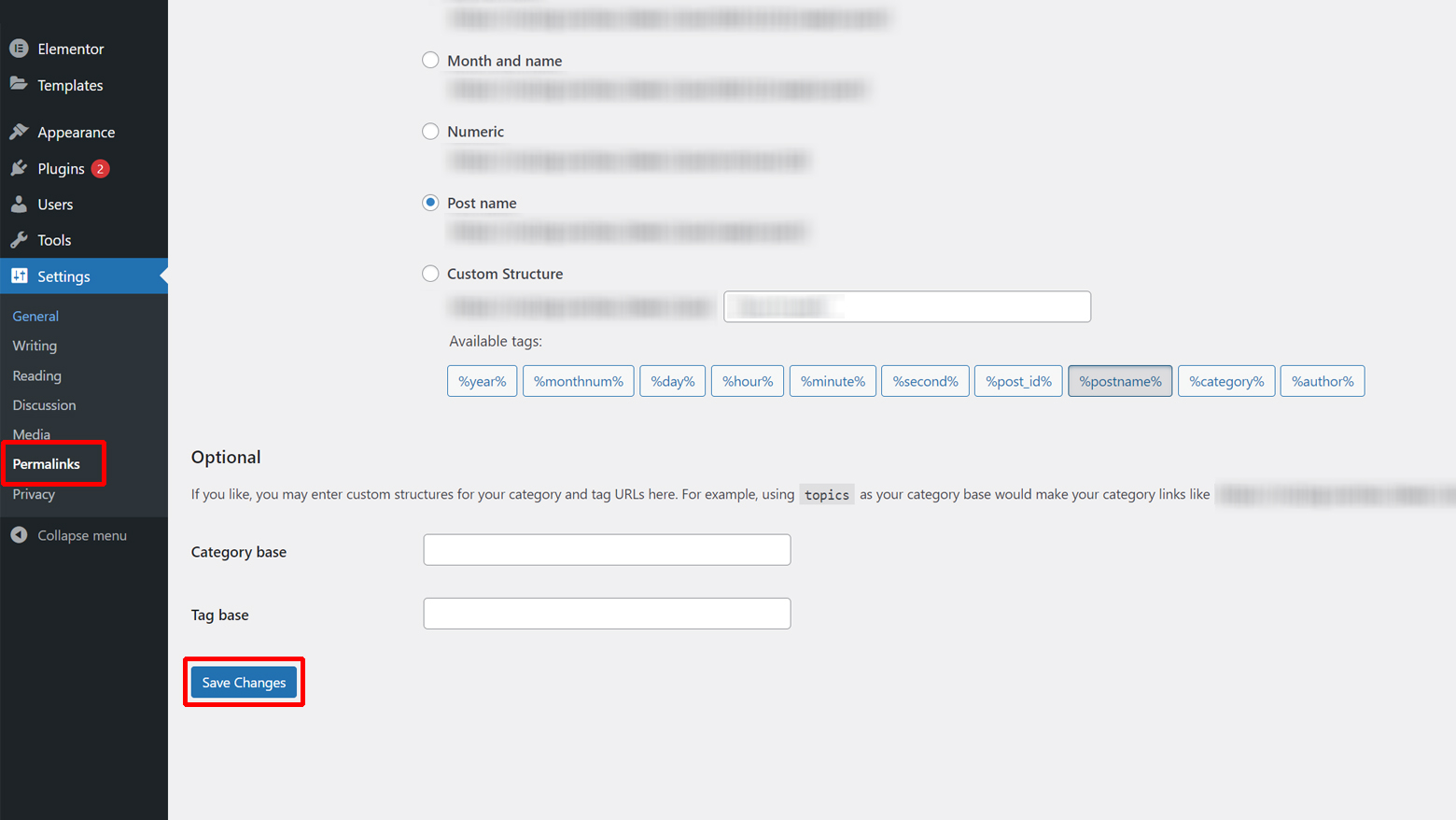 Settings and permalinks page of the WordPress admin panel.