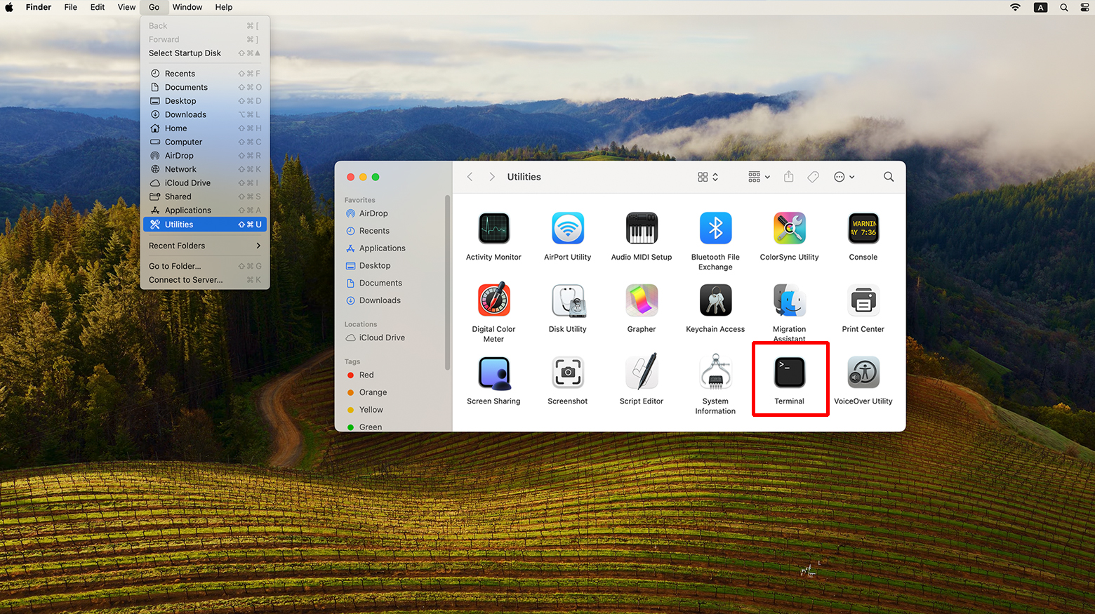 Mac desktop with Utilities and Terminal highlighted.