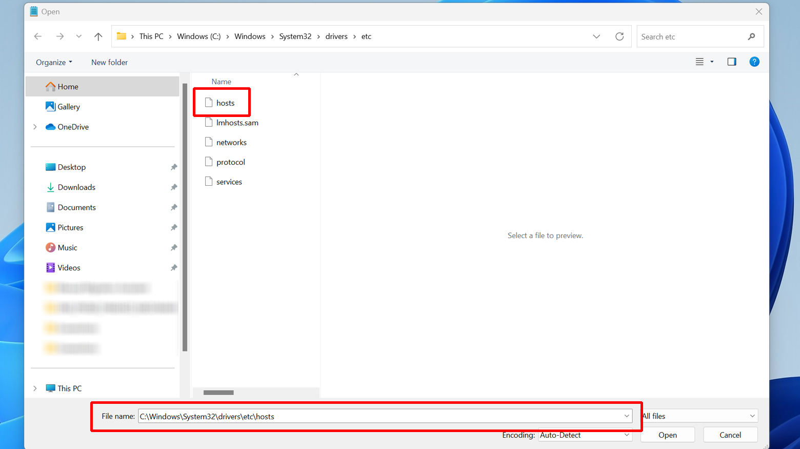 Windows system drivers with host file selected.