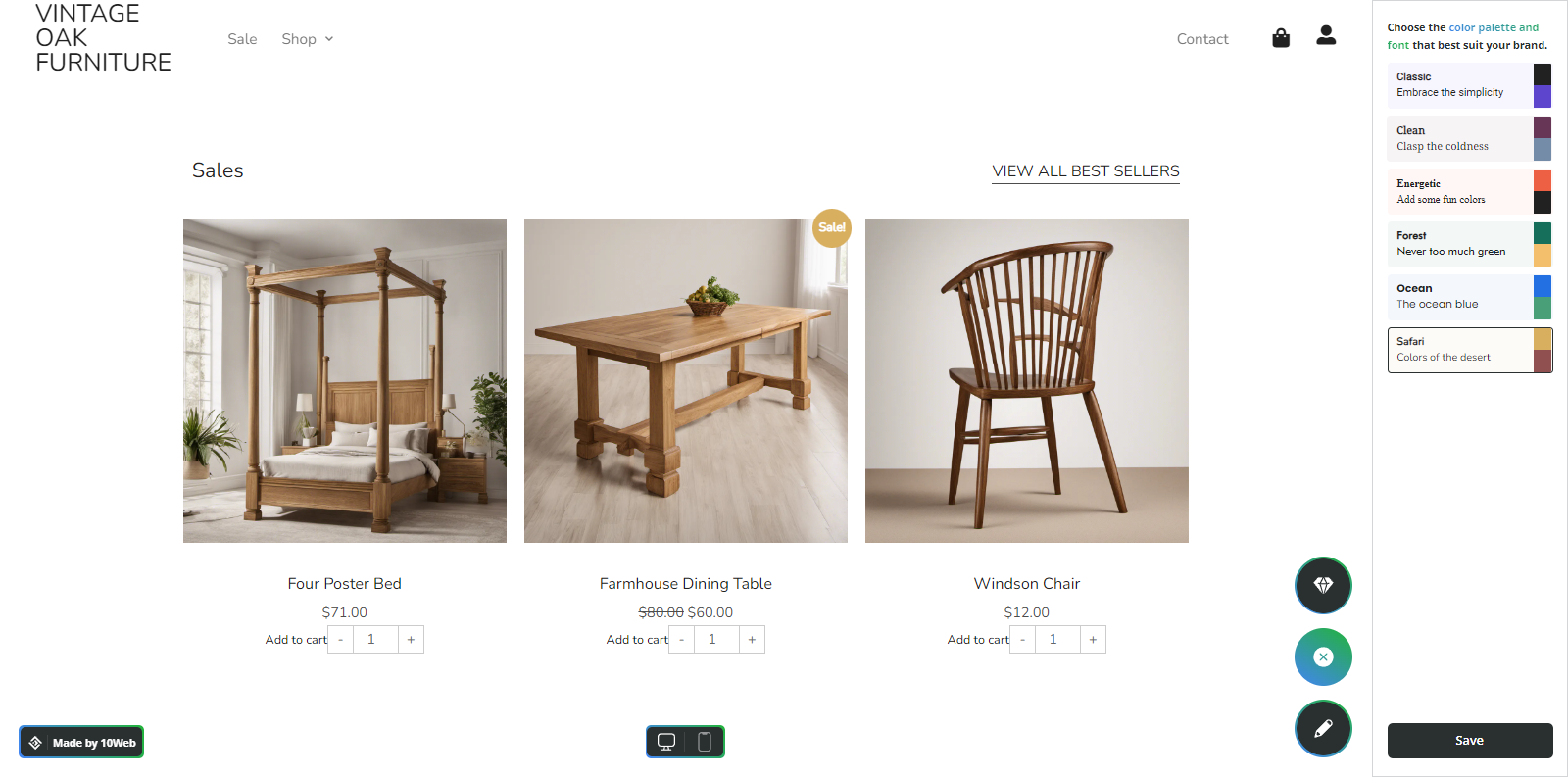Product catalog in a website generated with 10Web AI Website Builder