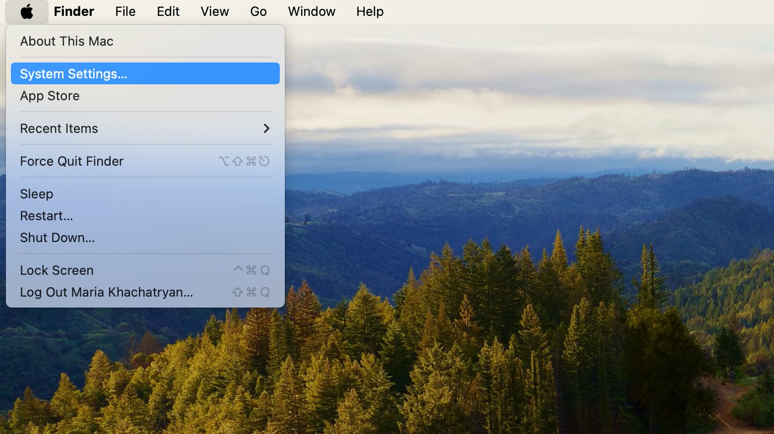 Mac menu. System settings highlighted