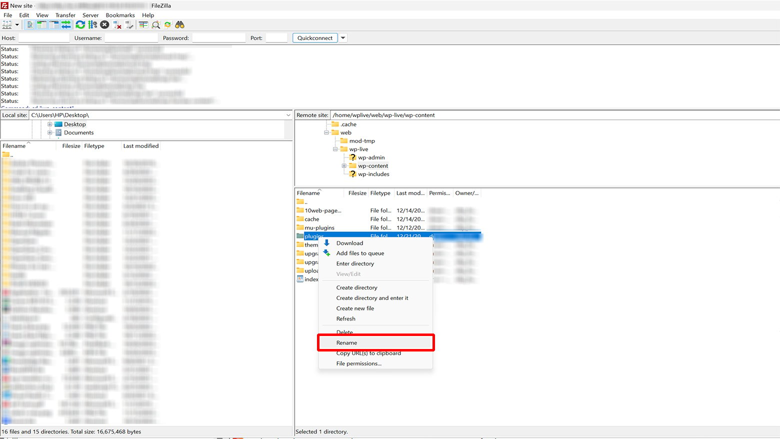 Image of the plugins folder in the content folder with the option to rename the folder highlighted. 