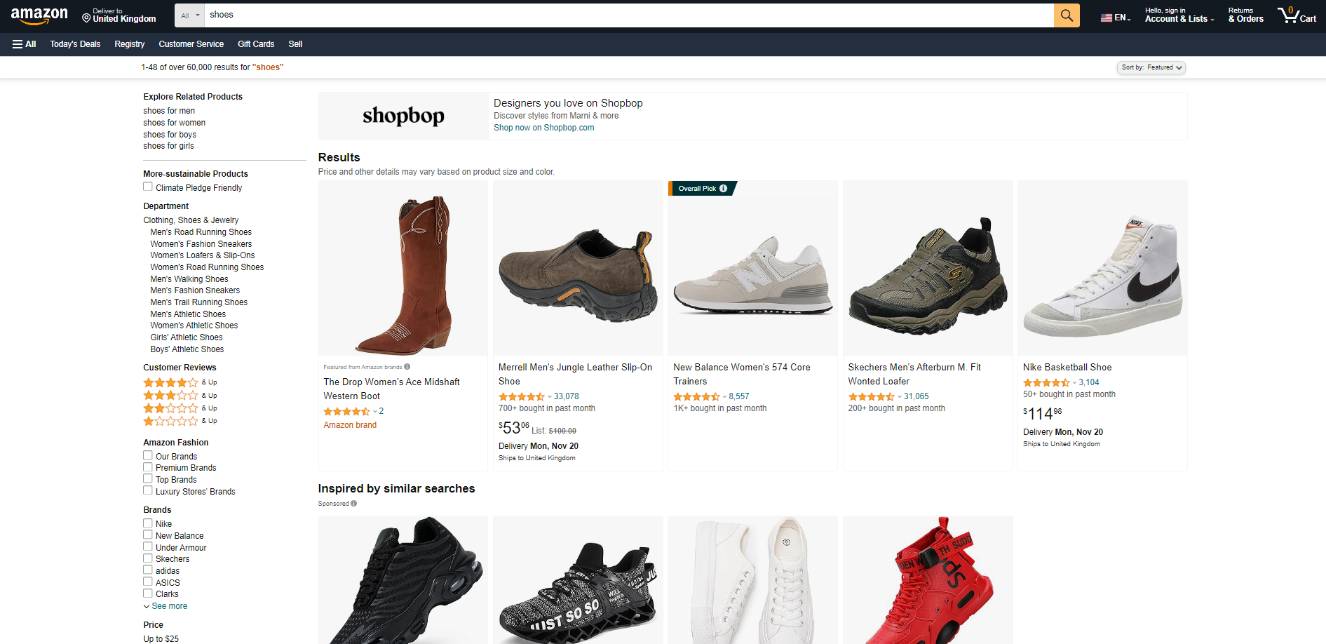 Shoe catalog on Amazon