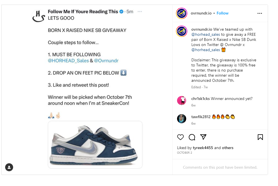 Shoe giveaway on social media