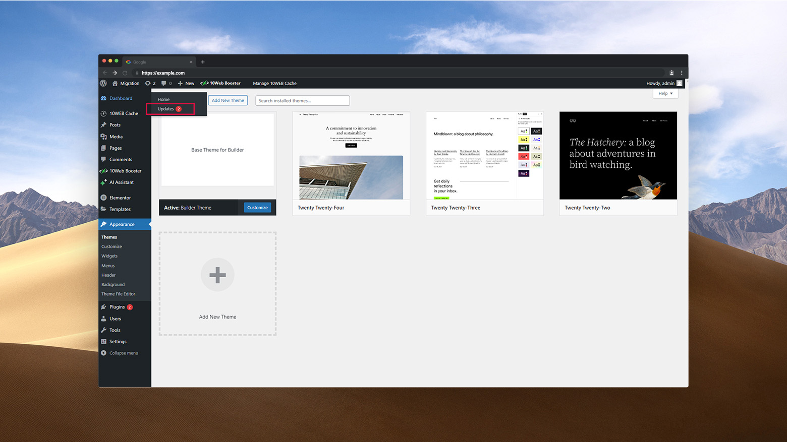 Updates page in WordPress admin navigation under Dashboard.