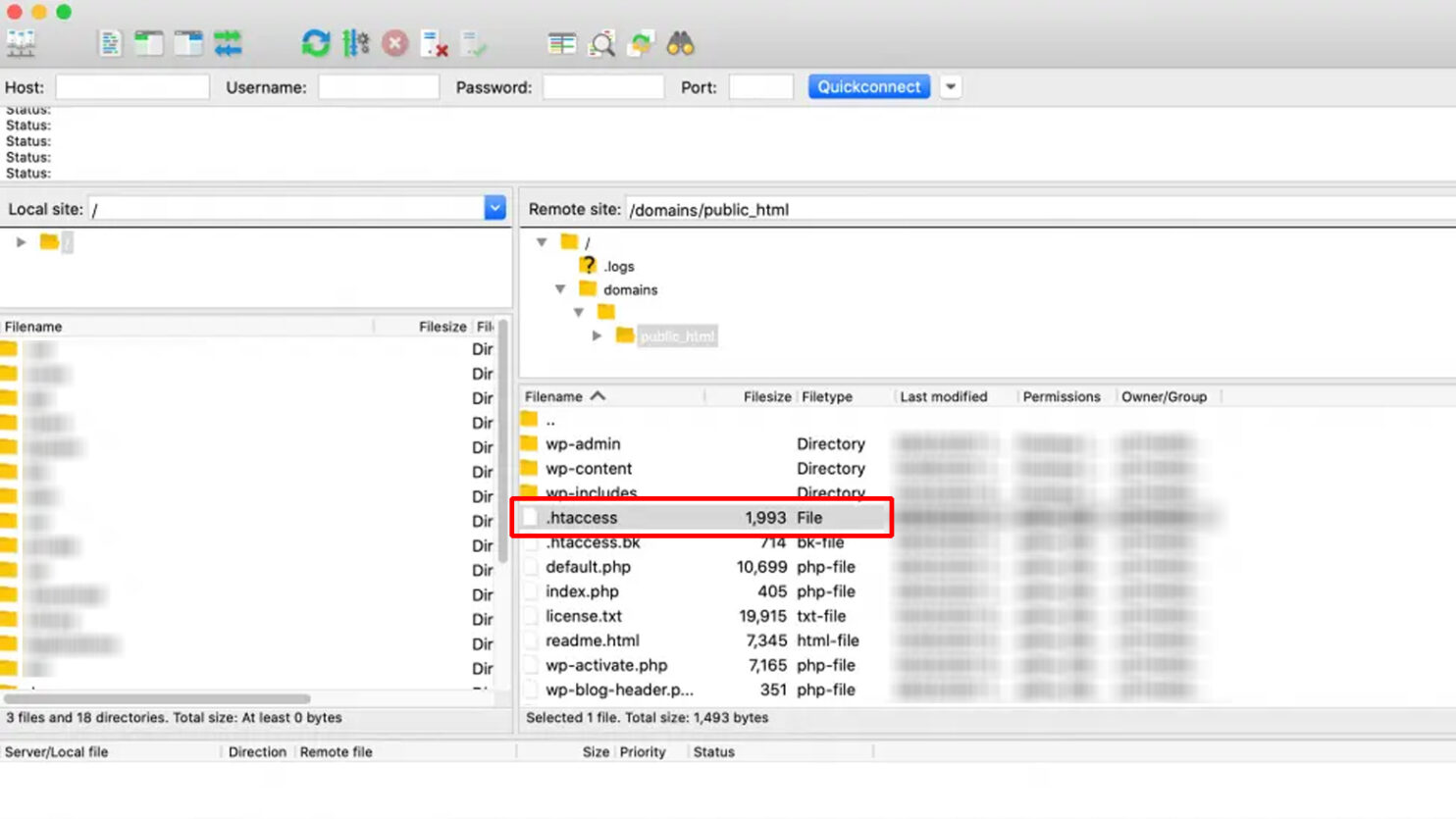 .htaccess file shown in FTP client.