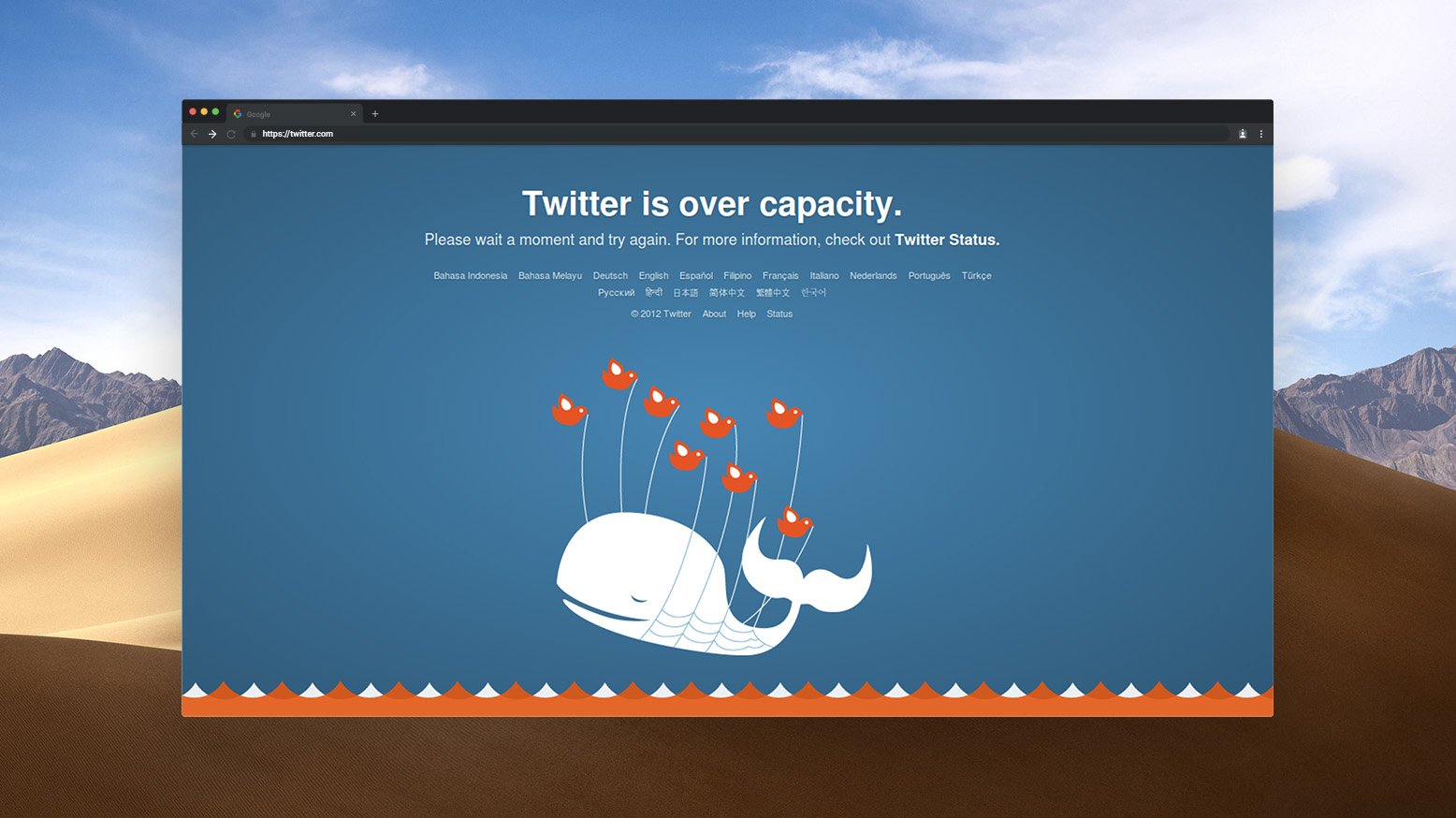 Twitter's custom 502 bad gateway error page.