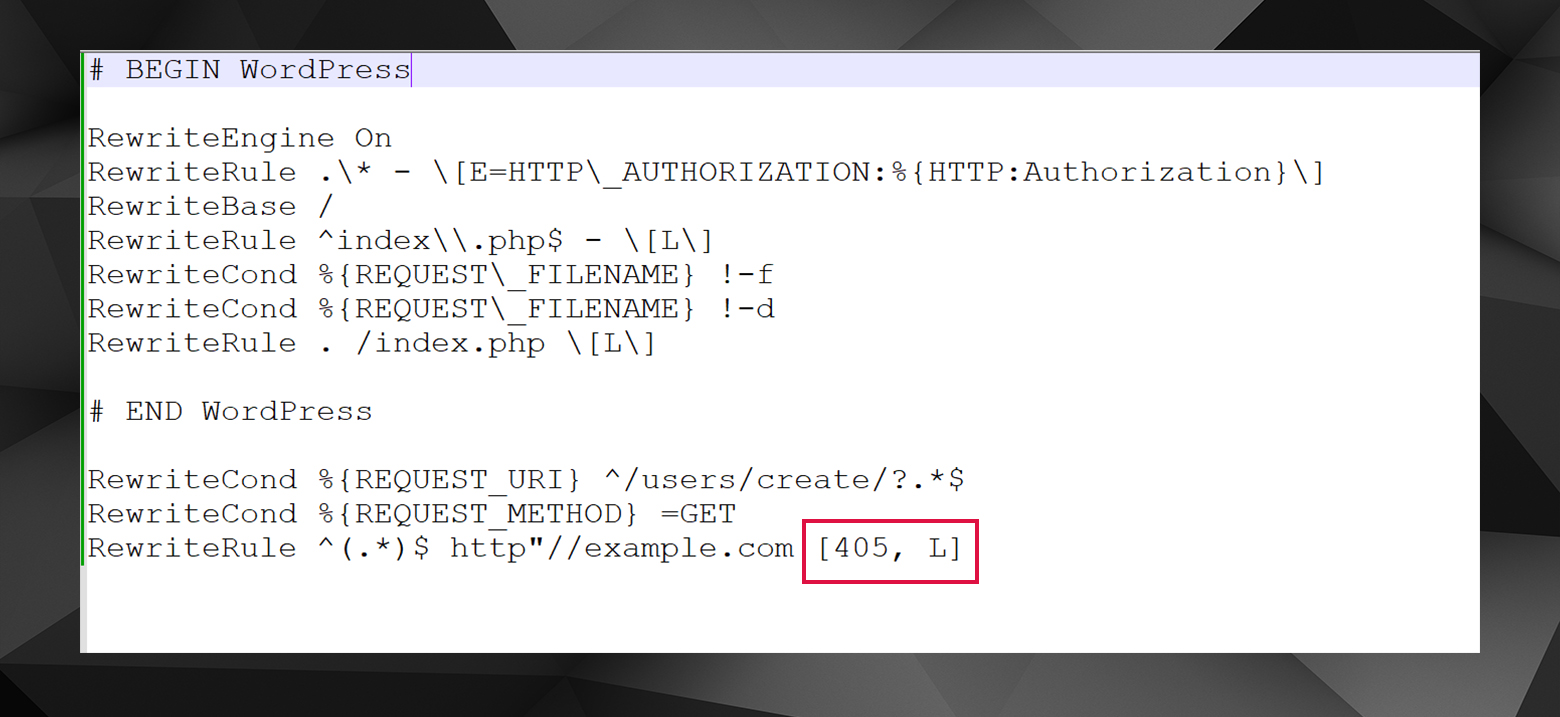 un archivo htaccess que muestra una bandera 405.