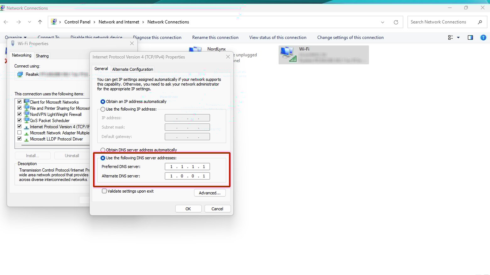 Screen where DNS server can be changed for Windows.