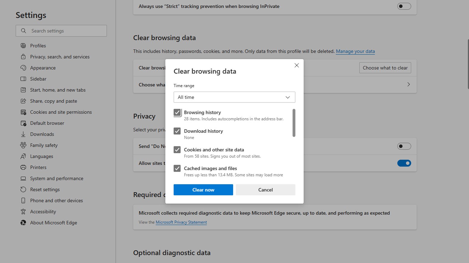 Clear browsing data page of Microsoft Edge
