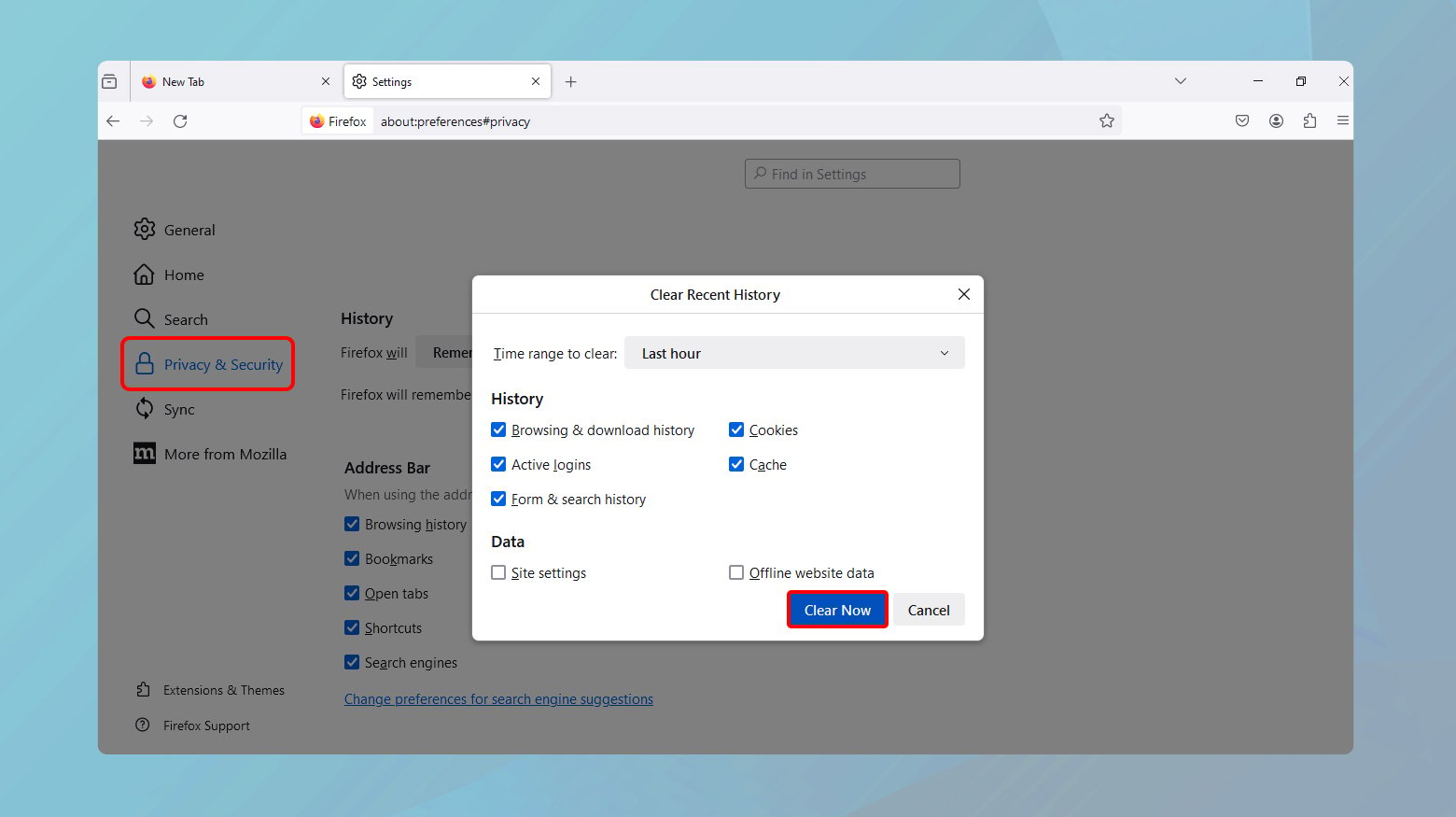 Firefox settings of Privacy and security with clear history page open