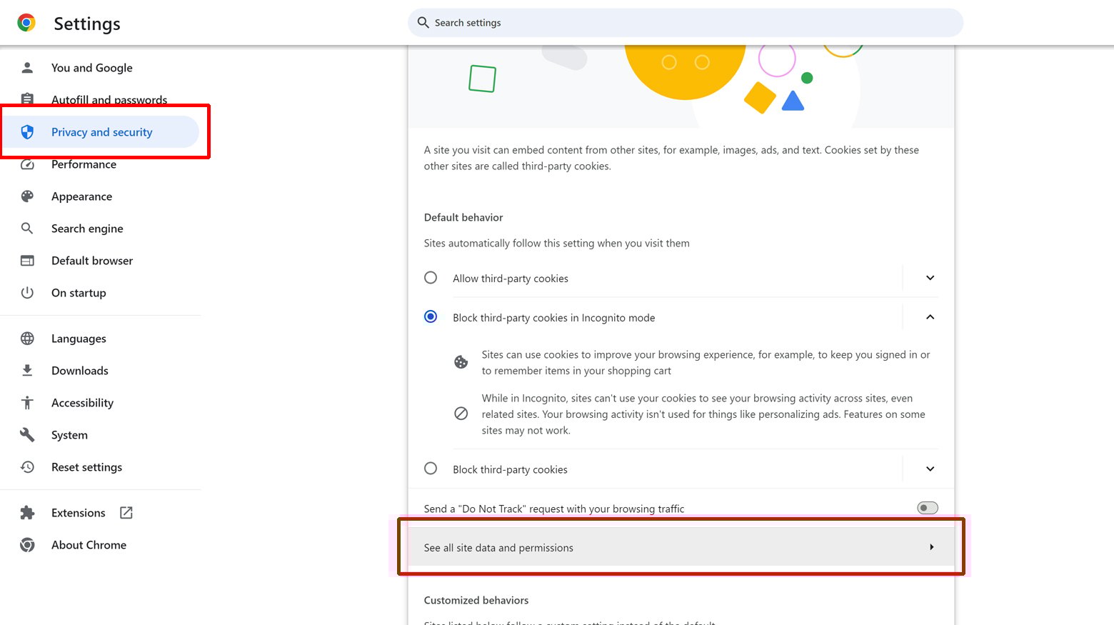 Chrome data and permissions page