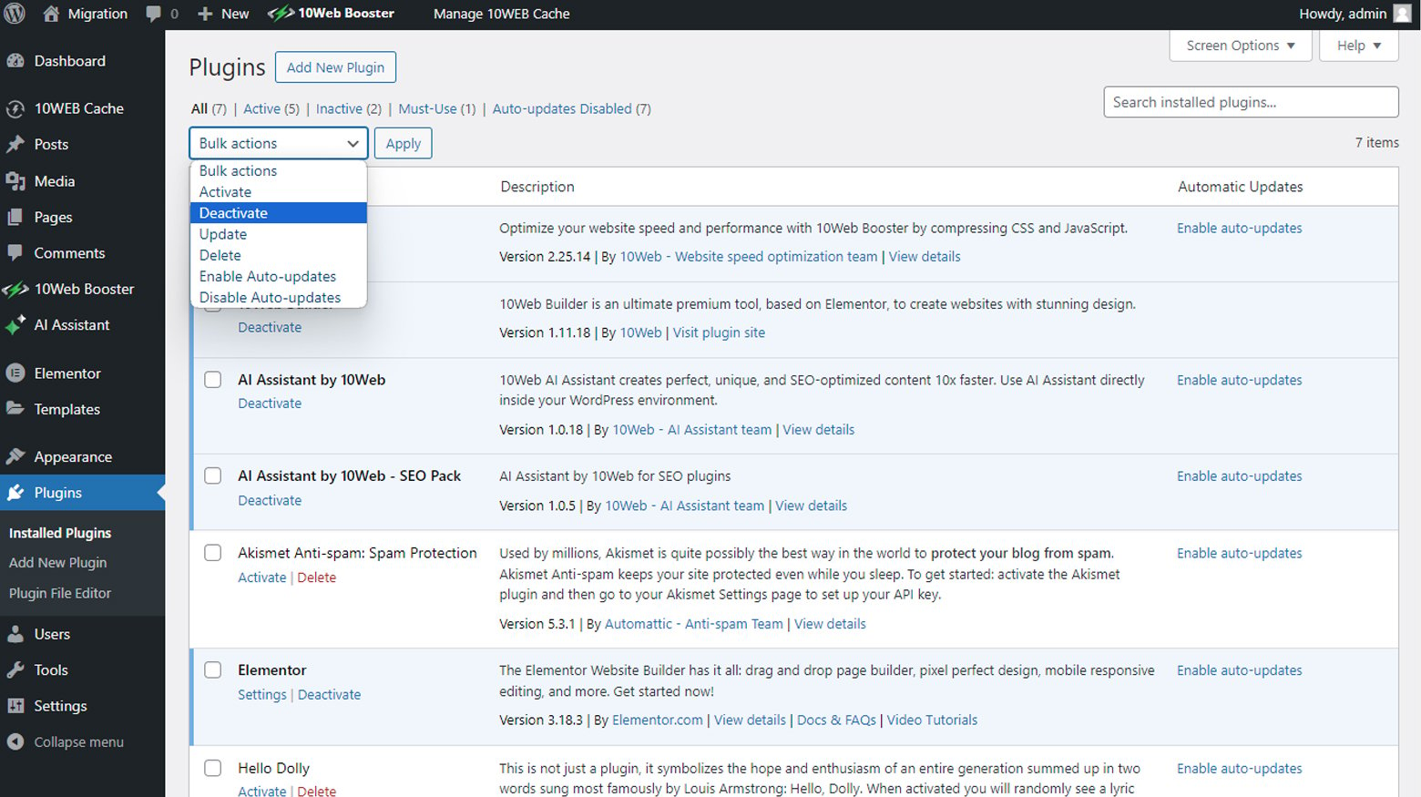 WordPress admin dashboard plugins page with bulk action for deactivation selected.
