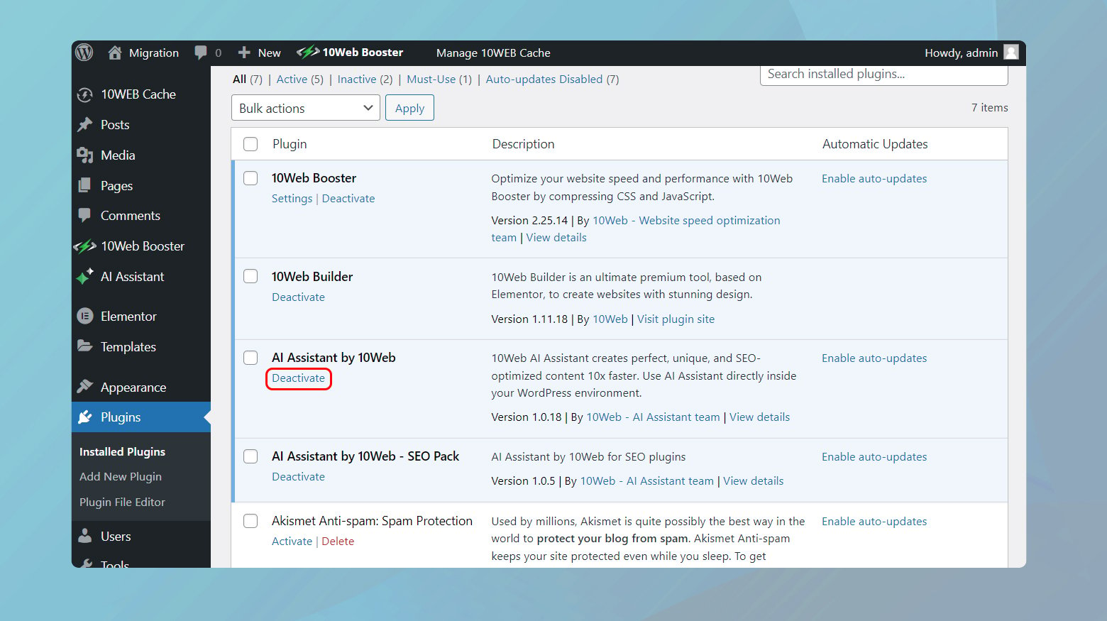 Plugins page in WordPress with deactivate highlighted