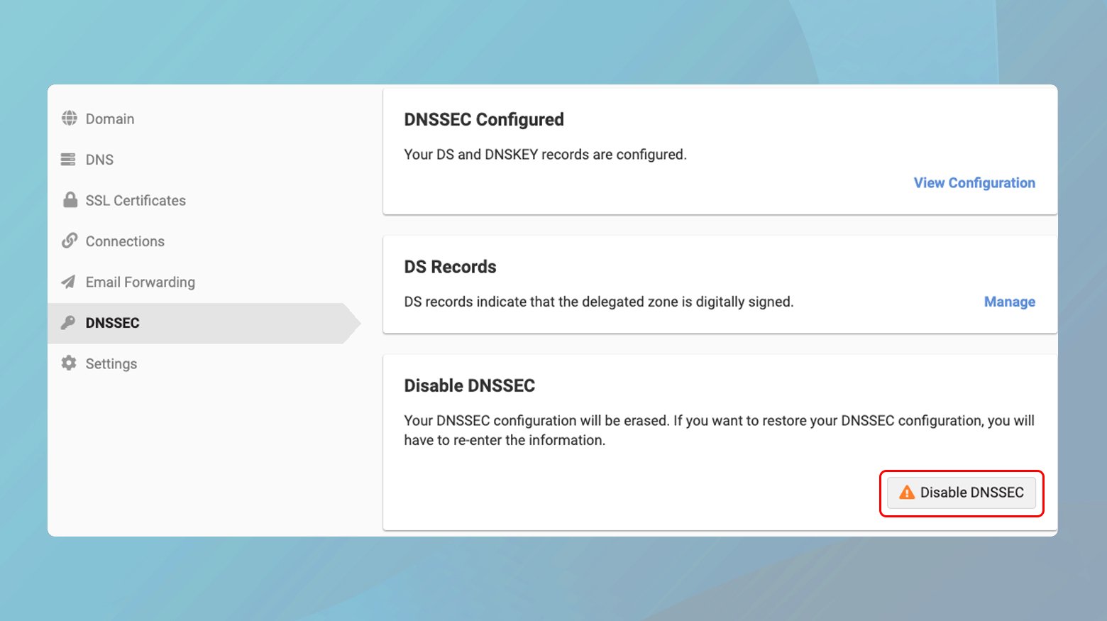Disable DNSSEC page in domain registrar
