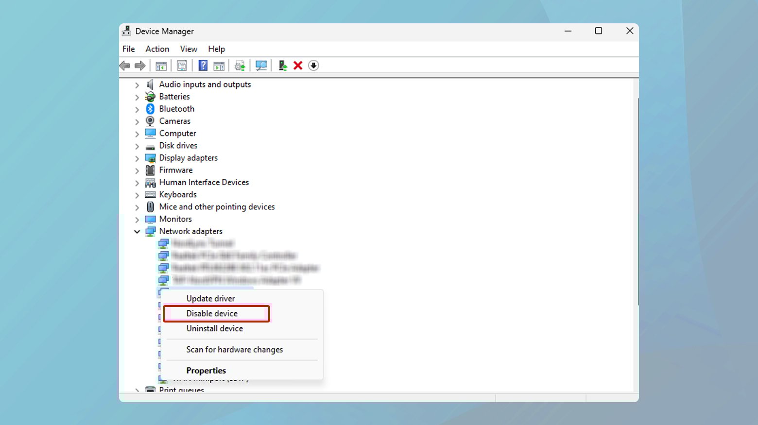 Network drivers with disable highlighted for a specific driver