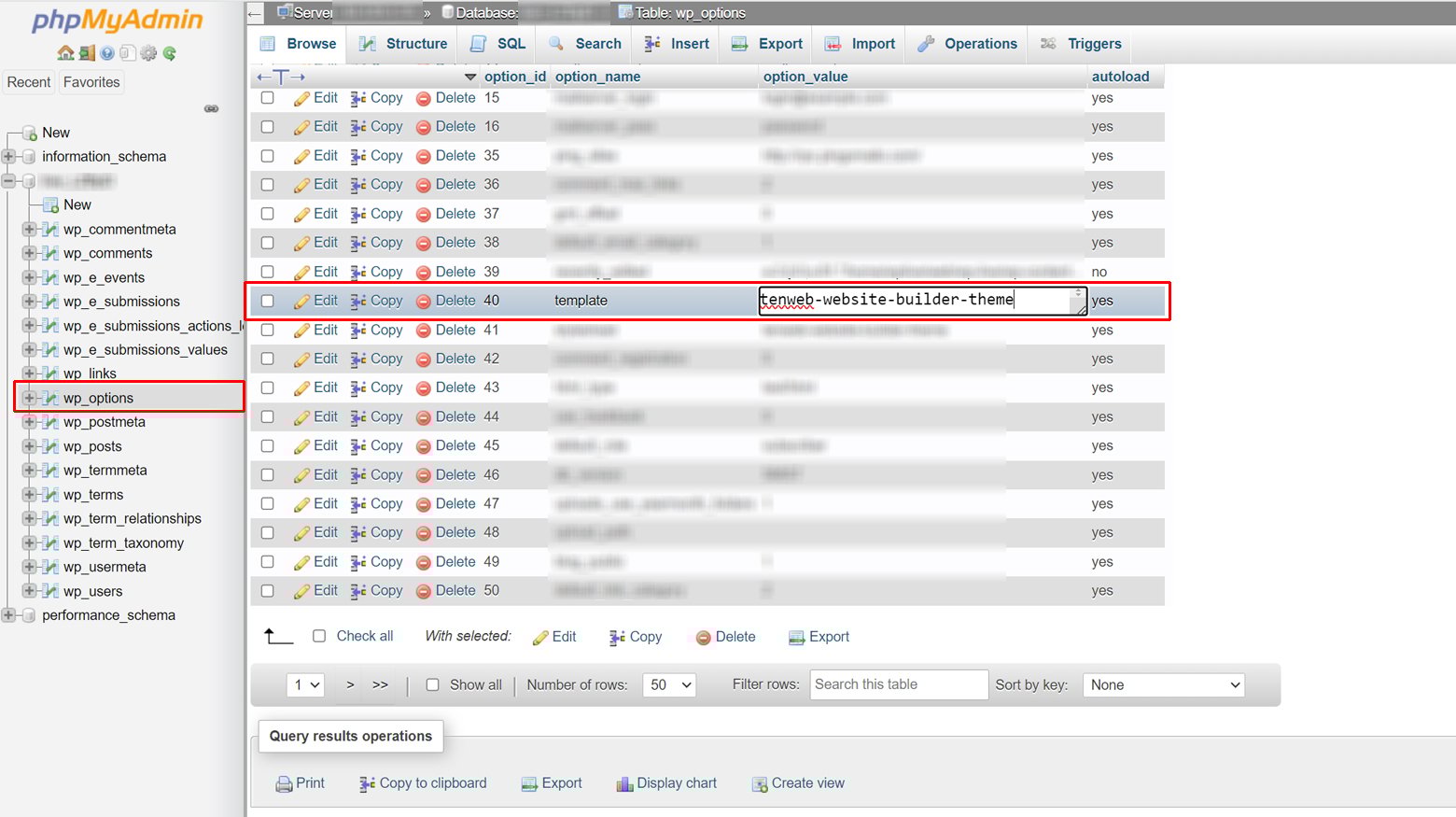 Panel de control Phpmyadmin con la plantilla y el tema del sitio web perfilados.