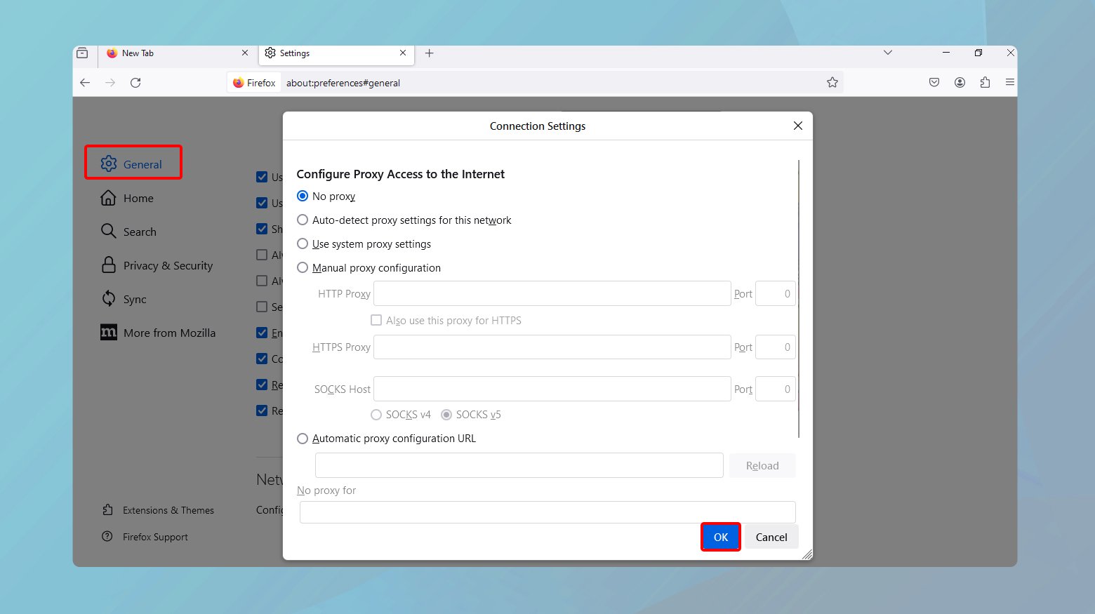 Proxy setting in Firefox General section