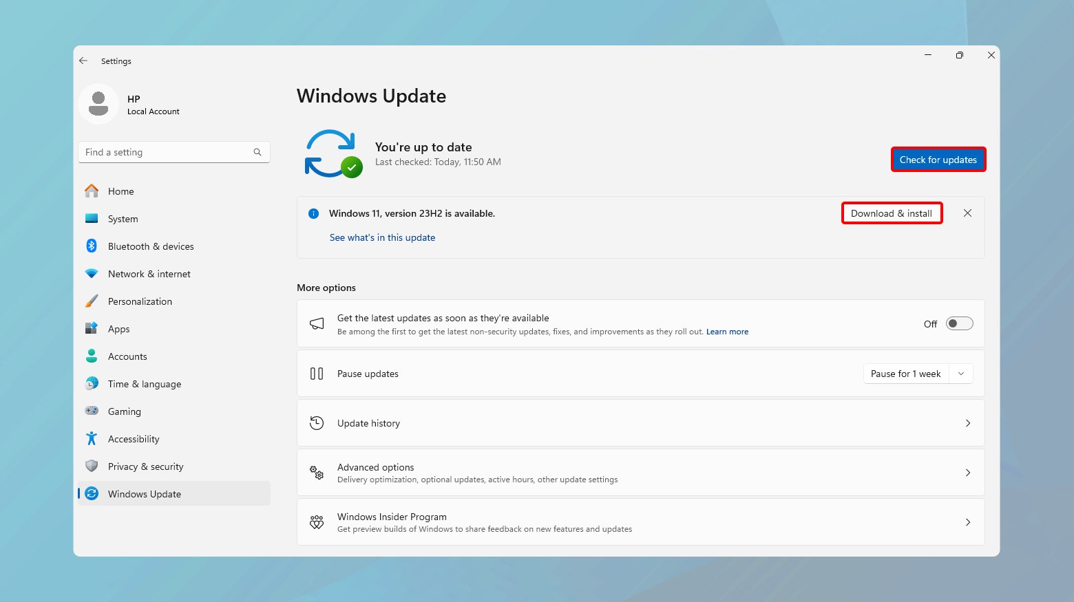 Windows update page in windows settings.
