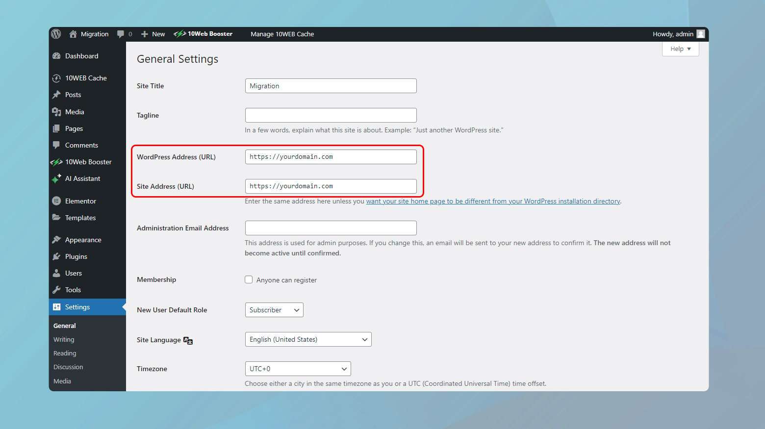 WordPress dashboard general settings page with website URL highlighted