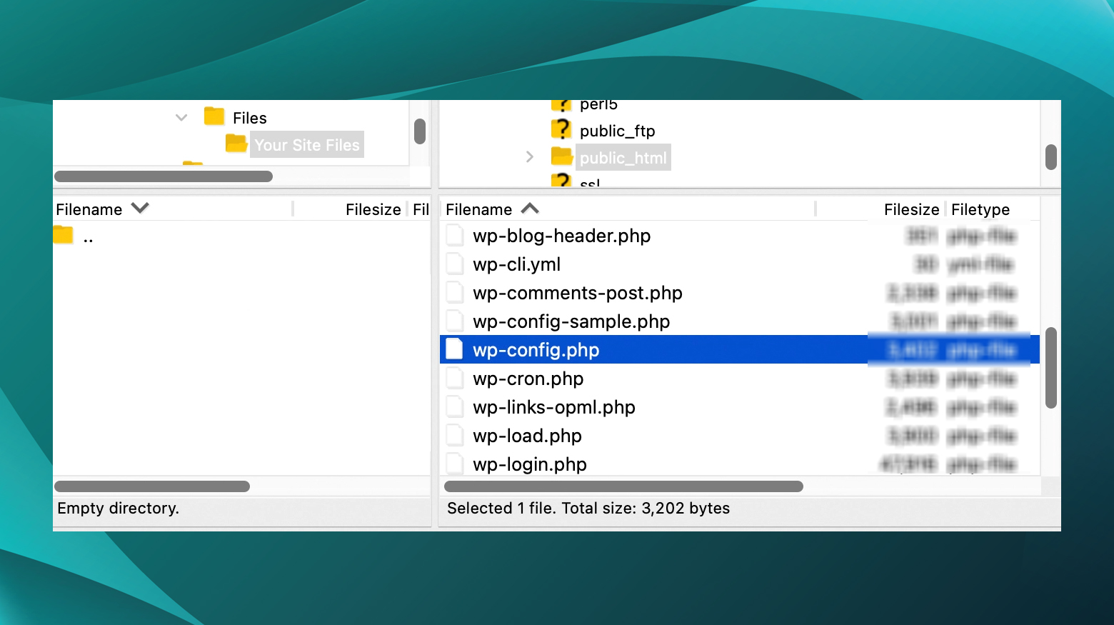 Wp config php file shown in root directory 