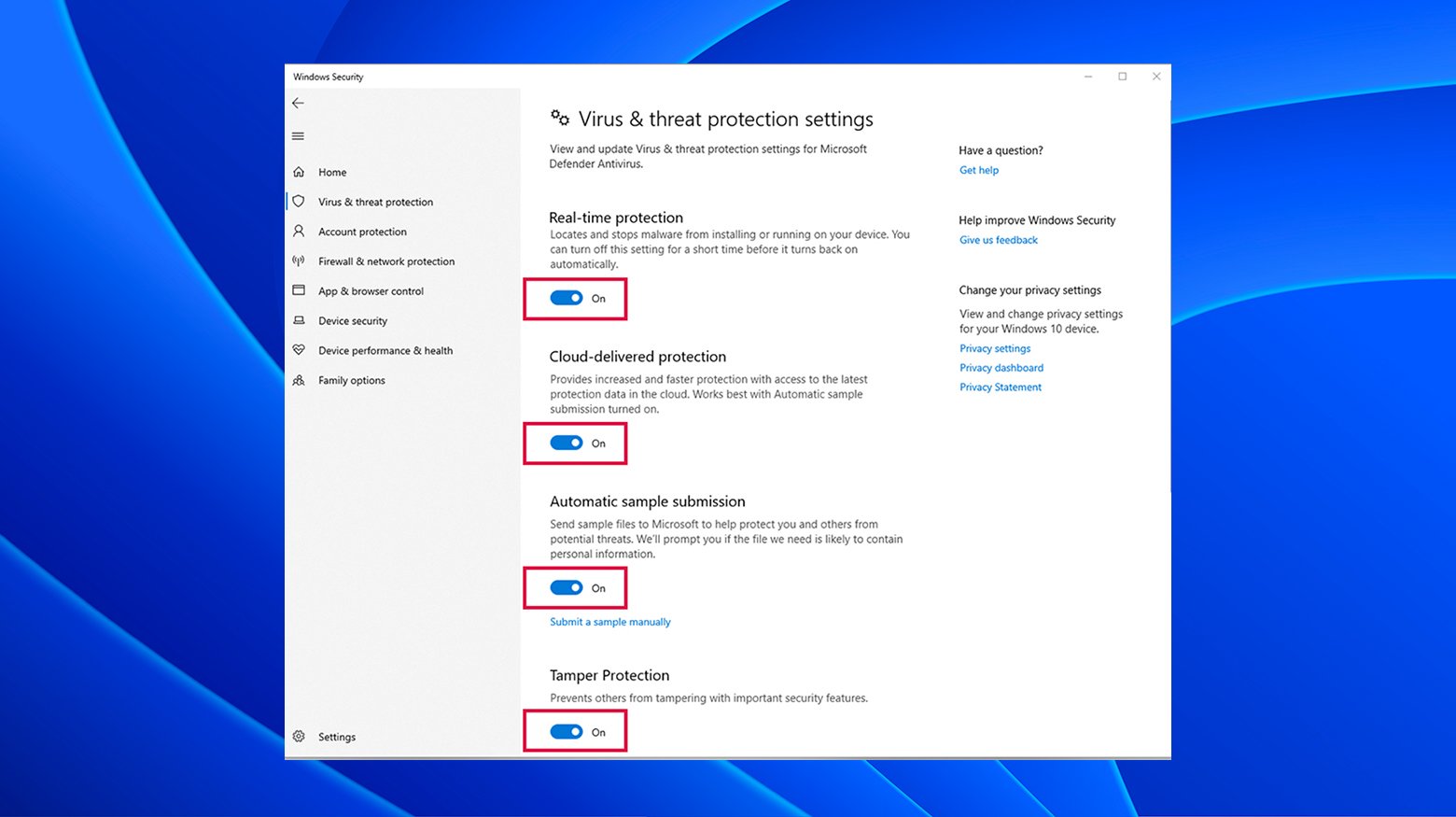 Desactivar la protección contra virus y amenazas en Windows.