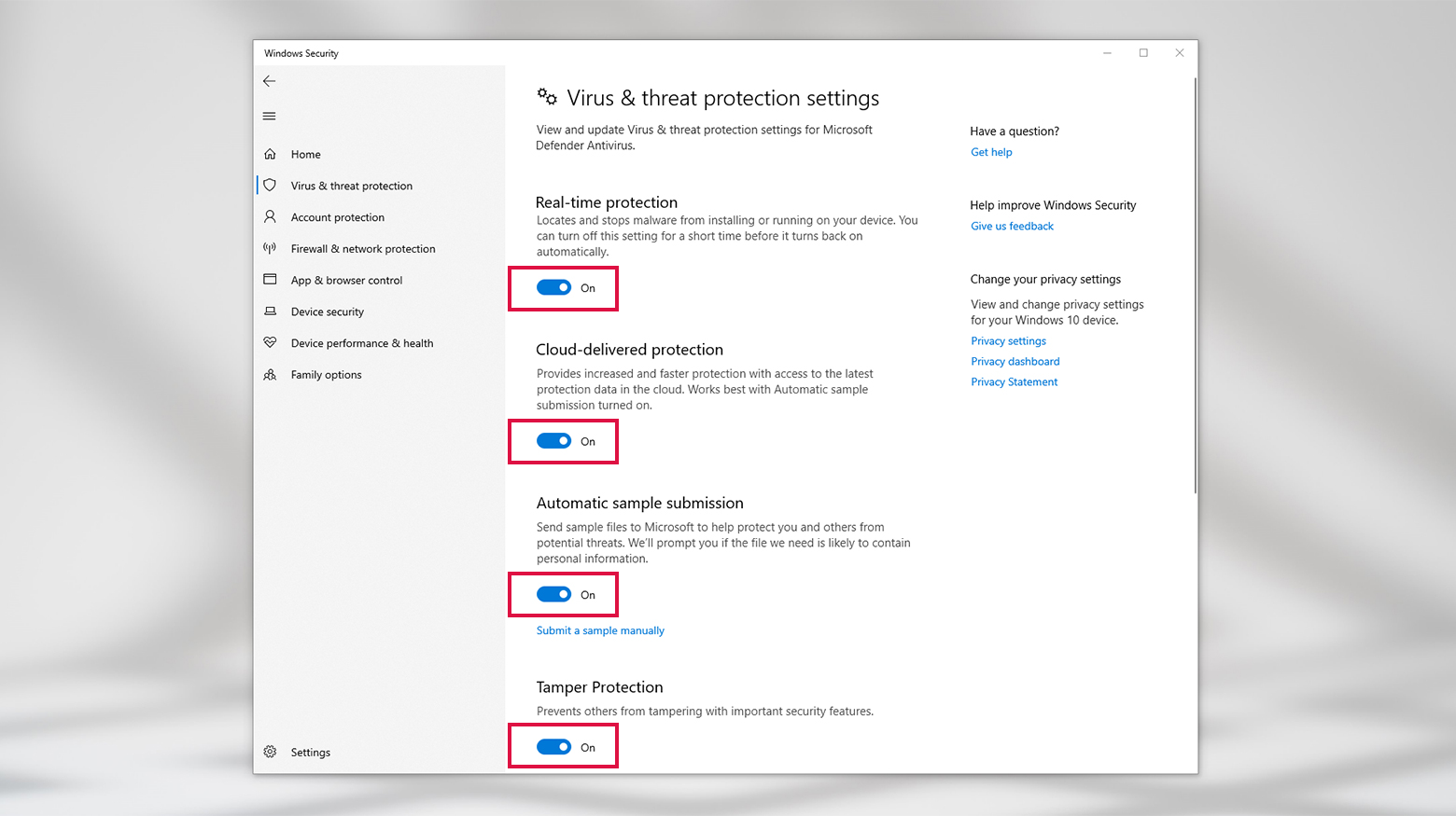 La protección frente a virus y amenazas se activa en la configuración de Seguridad de Windows.