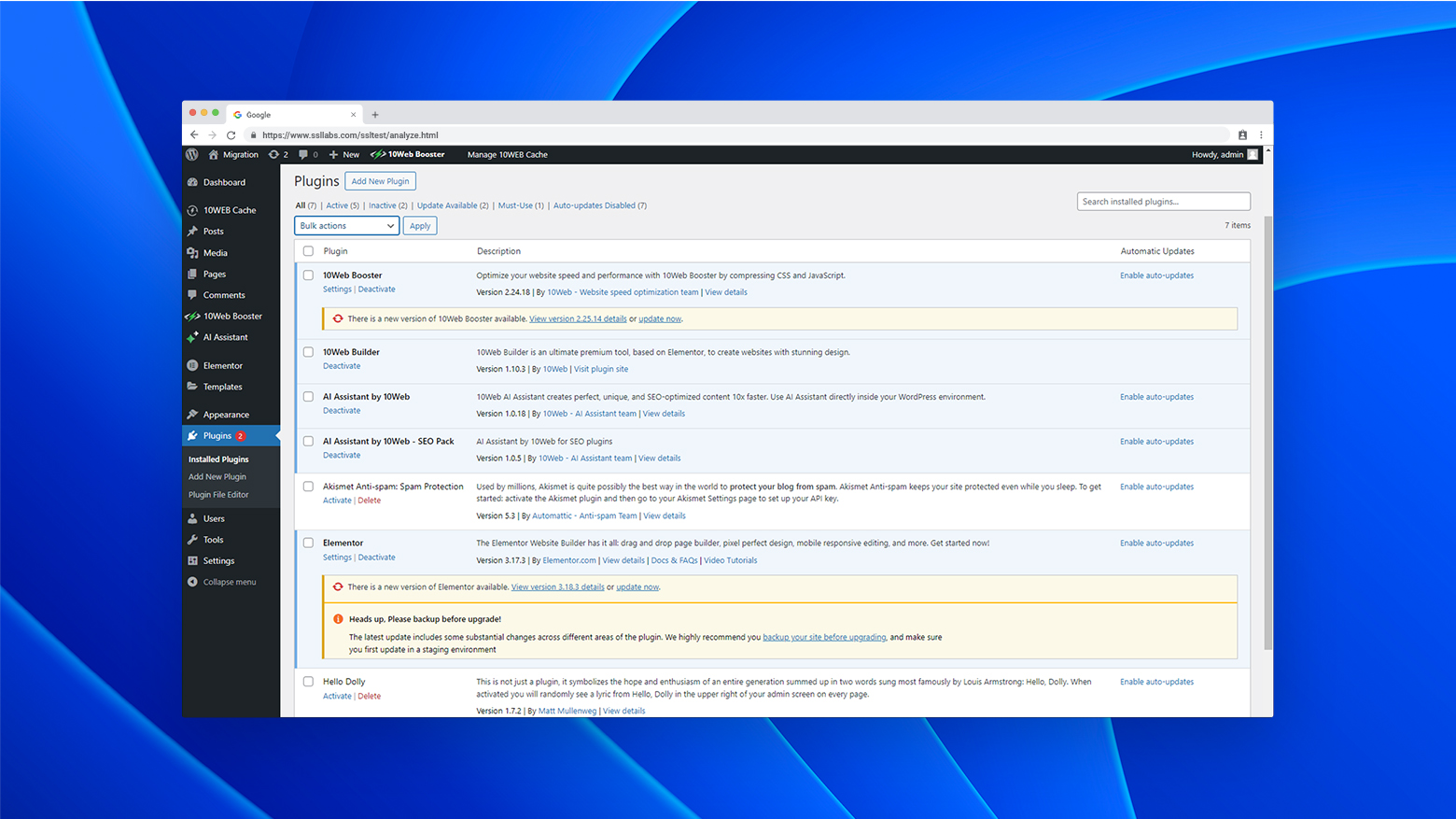 Deactivating plugins in the WordPress admin.