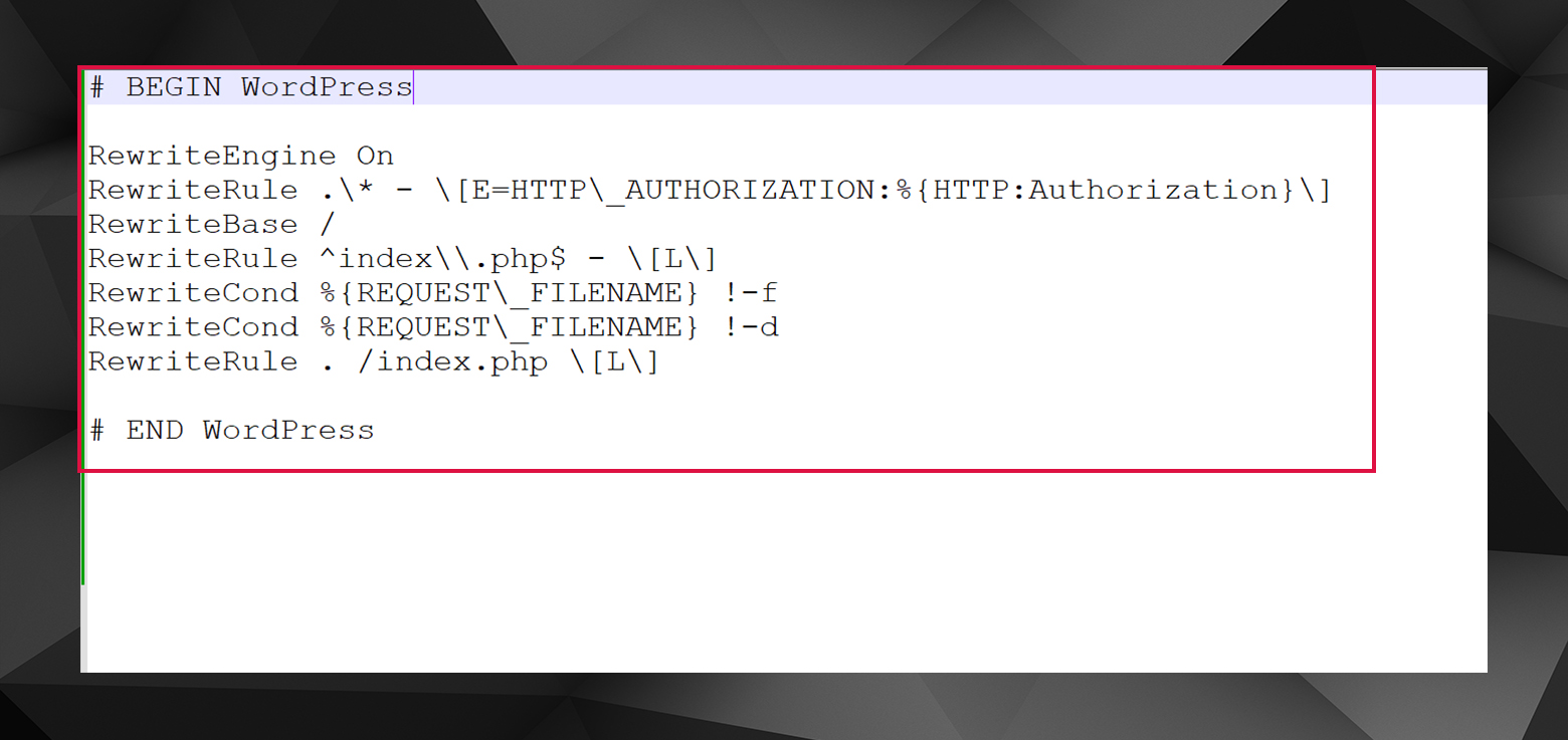 Crear un nuevo htaccess con las reglas de reescritura predeterminadas de WordPress para solucionar los errores 405.
