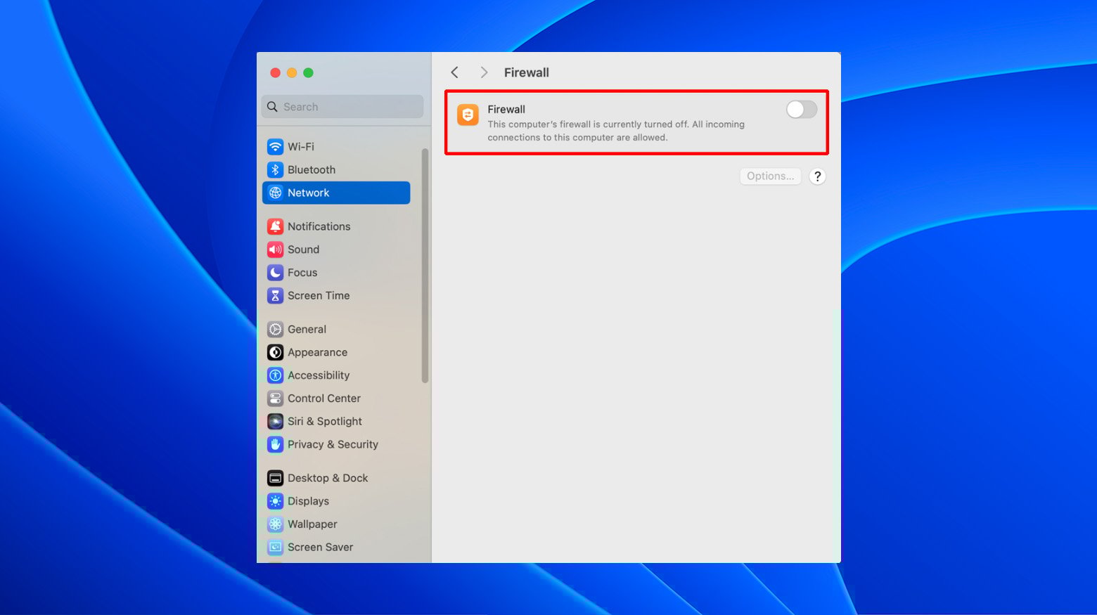 Turning off the firewall on a Mac. Turn it back on when finished troubleshooting.