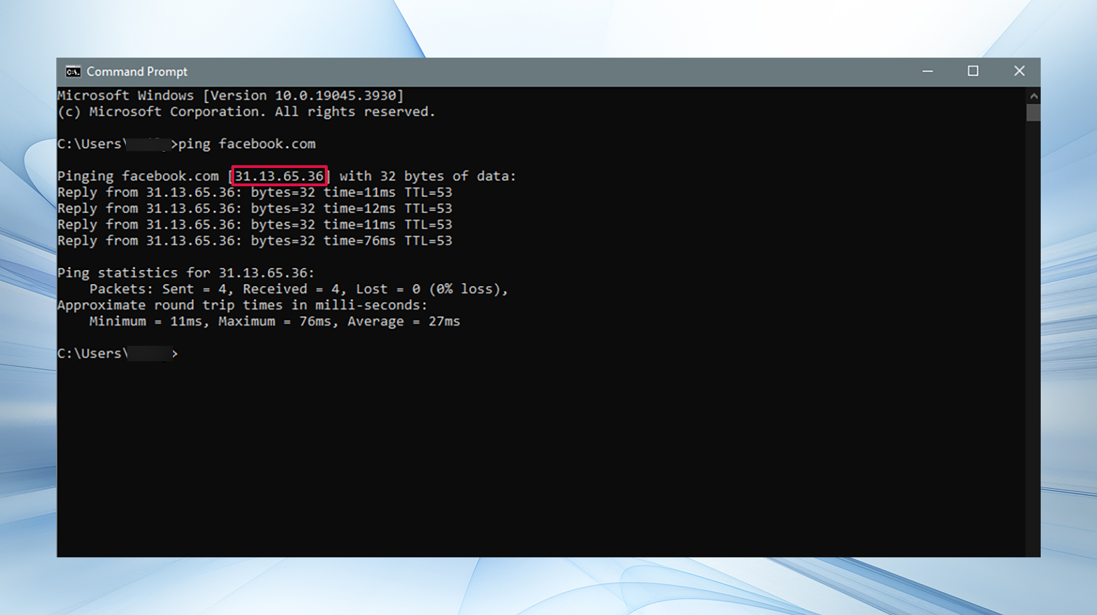 Encontrar la dirección IP de un sitio web bloqueado utilizando el símbolo del sistema para hacer ping al dominio.