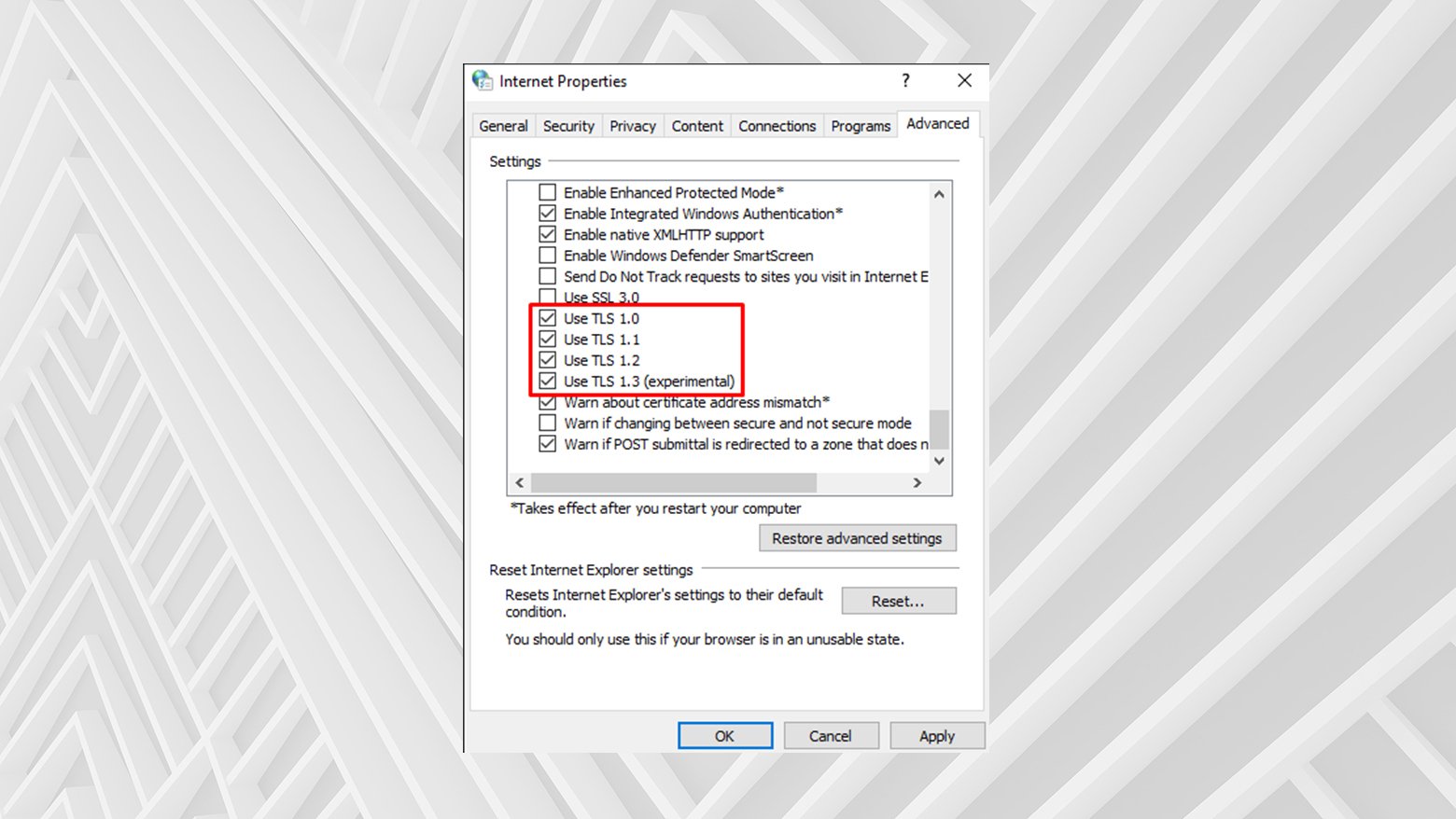 Habilitar versiones anteriores de TLS para corregir el error ERR_SSL_VERSION_OR_CIPHER_MISMATCH.