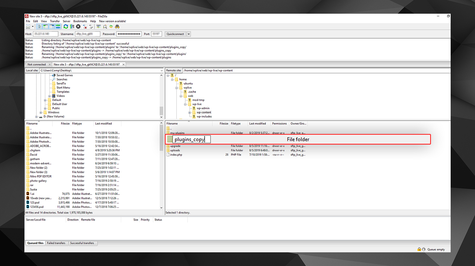 Renombrar la carpeta plugins mediante ftp para solucionar errores http 405.
