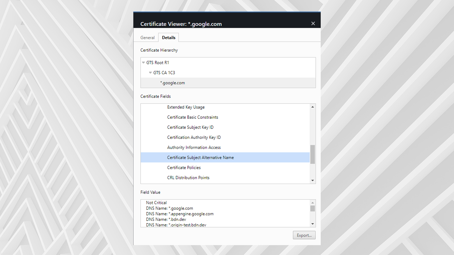 Los nombres alternativos listados para el certificado SSL de un sitio mostrados en Chrome.