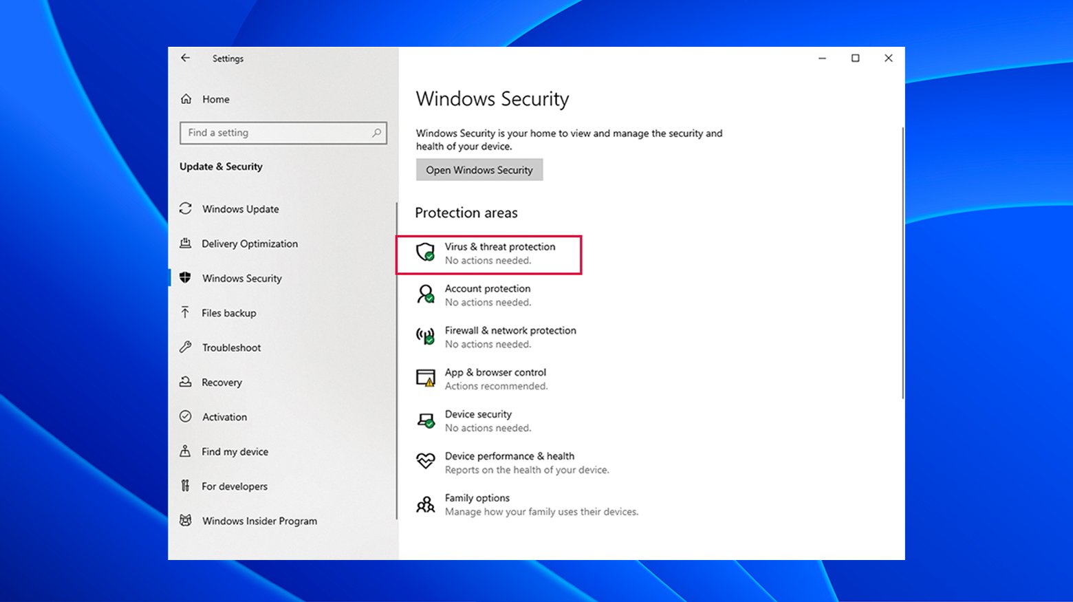 Virus and threat protection in Windows Security settings.