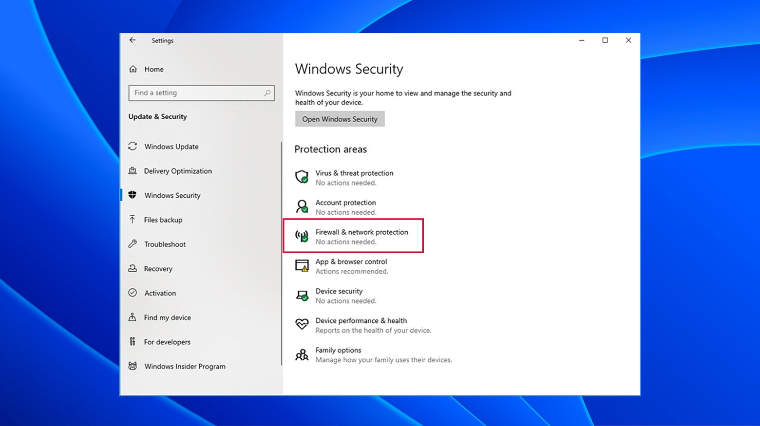 Firewall and network protection in Windows Security settings.