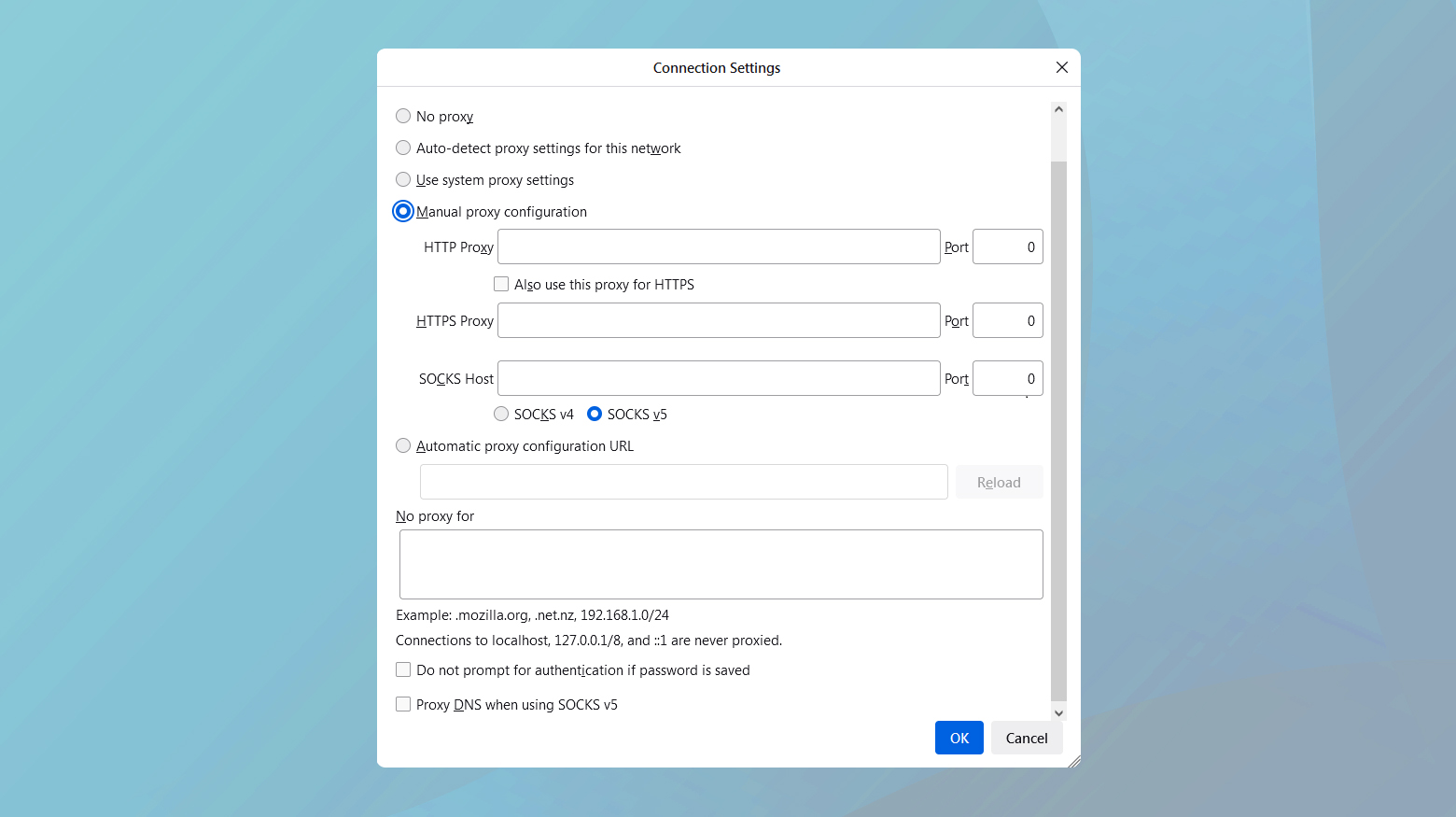 Changing proxy settings Firefox