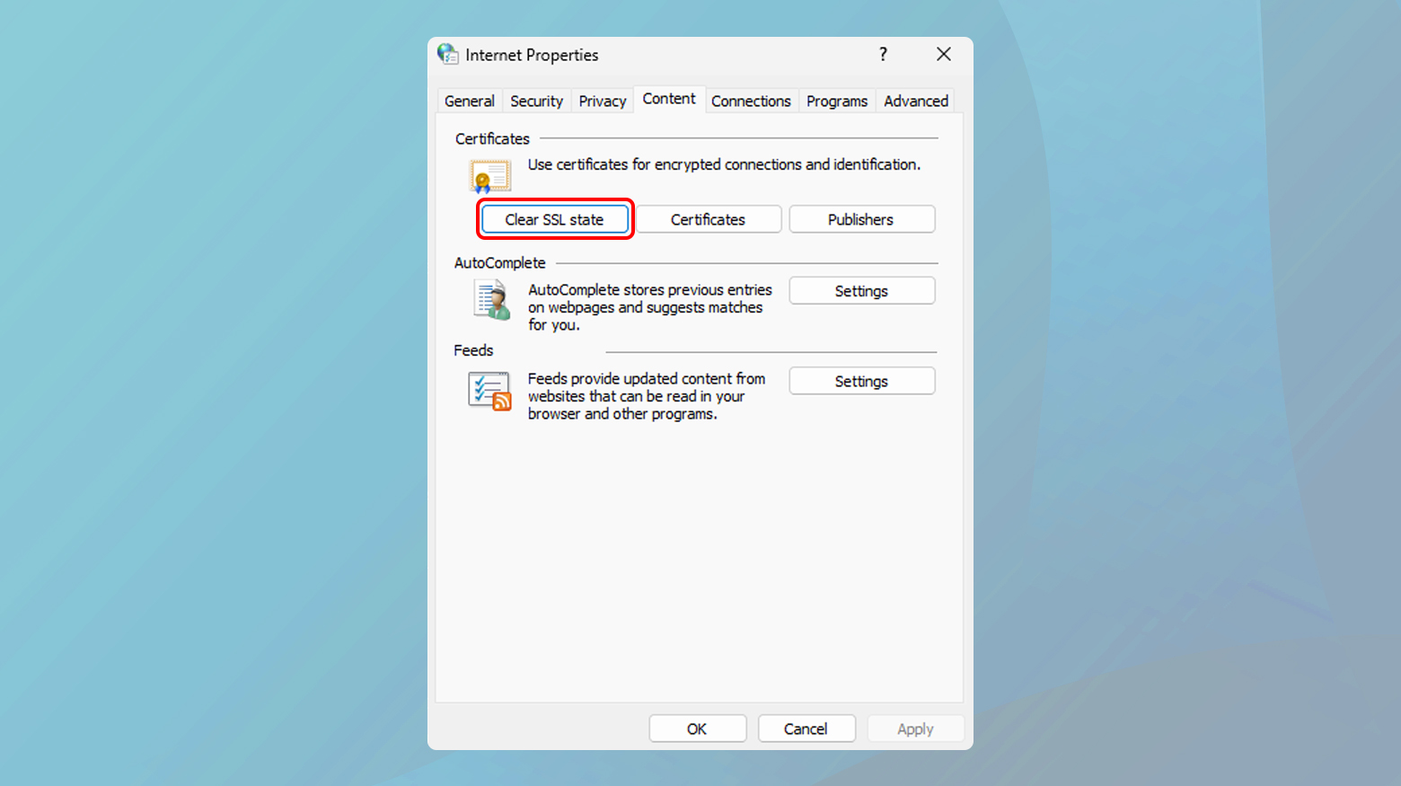 Clear SSL state selected for internet options